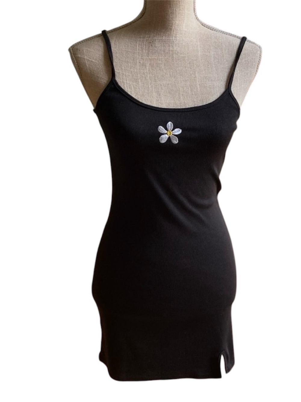 Adorable Black Spaghetti Strap Mini Dress with Daisy Embroidery